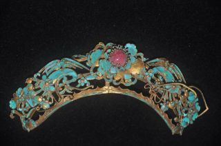 Antique Chinese Qing Dynasty Kingfisher Feather Hair Ornament