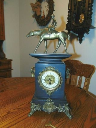 Vintage Marble And Brass 8 Day Mantel Clock With Horse And Jockey