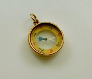 Fabulous Rare Antique 10k Solid Gold Compass Pendant Fob Beveled Glass