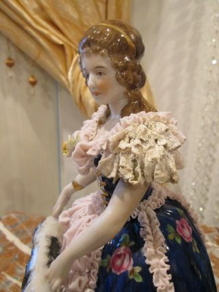 German Dresden Rudolstadt Porcelain Lace Figurine Lady With Dog 10