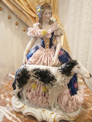 German Dresden Rudolstadt Porcelain Lace Figurine Lady With Dog