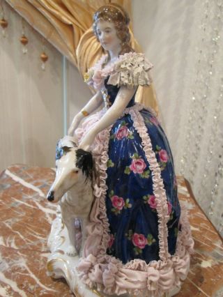 German Dresden Rudolstadt Porcelain Lace Figurine Lady With Dog 2