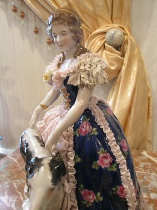 German Dresden Rudolstadt Porcelain Lace Figurine Lady With Dog 7