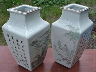 2 Old Chinese Famille Porcelain Hand Painted Landscape Calligraphy Rhombus Vase 3