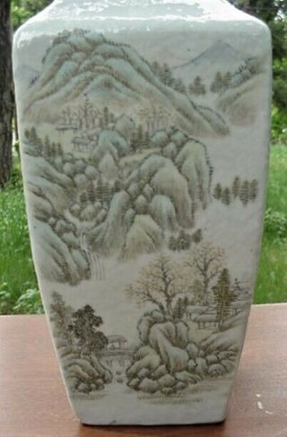 2 Old Chinese Famille Porcelain Hand Painted Landscape Calligraphy Rhombus Vase 5