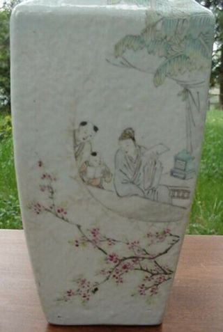 2 Old Chinese Famille Porcelain Hand Painted Landscape Calligraphy Rhombus Vase 7