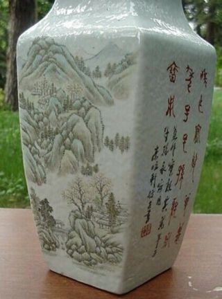 2 Old Chinese Famille Porcelain Hand Painted Landscape Calligraphy Rhombus Vase 8