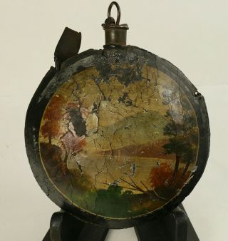 Painted Scene Civil War Canteen - On Rare Leather Covered M1858 Canteen