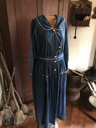 Best Early Antique Blue Calico Handmade Ladies Farm Dress 19th C Textile Aafa