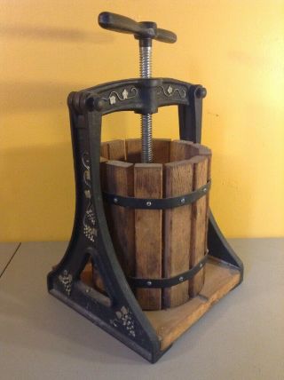 Vintage Wood & Cast Iron Hand Crank Fruit Press Grape Wine Cider