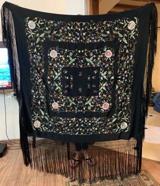 Antique Chinese Hand Embroidery Silk Piano Shawl 51 " X 50 " Fringes 16 "
