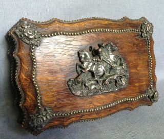 Antique french card game box 19th century wood hunting ornament brass copper 5