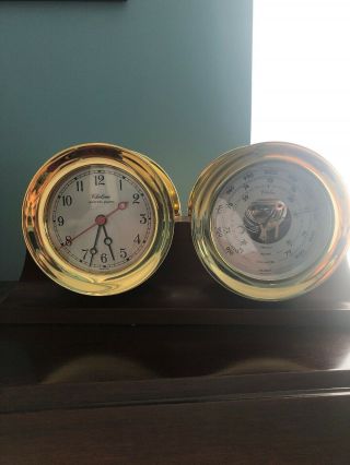 Rare Chelsea Shipstrike Quartz Clock And Barometer Brass With Wooden Base Stand