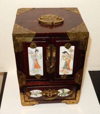 Rare Chinese White Porcelain Hand Painted Geisha Girl Wood Jewelry Box