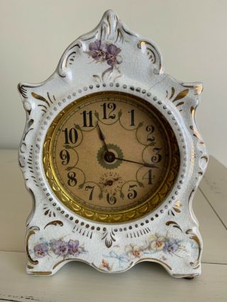 Antique Dresser Mantle Clock Wm L Gilbert White Gold Porcelain Floral Year 1898