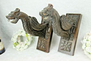 Antique Pair Black Forest Wood Carved Dragon Gothic Gargoyle Sconces Wall Lights