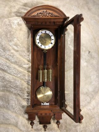 Vintage Antique Germaney Vienna Strikes Clock With 3 Brass Weigh And Pendulum