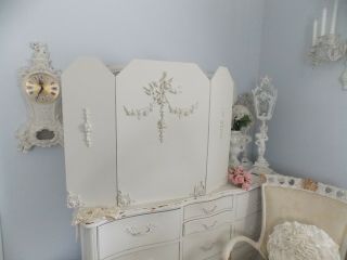 Shabby White Wood Comp.  Cherub & Barbola Rose Swag Fireplace Trifold Screen