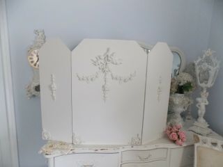 SHABBY WHITE WOOD COMP.  CHERUB & BARBOLA ROSE SWAG FIREPLACE TRIFOLD SCREEN 2