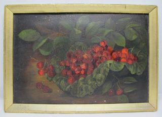 Antique 1888 Folk Art Naive Oil On Artist Board Painting Cherries In Leaves Yqz