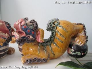 Chinese royal Wu Cai porcelain animal Two Foo FU Dog Lion Play Ball Pair 2