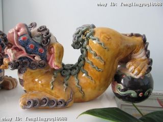 Chinese royal Wu Cai porcelain animal Two Foo FU Dog Lion Play Ball Pair 6