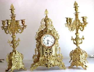 Antique Mantle Clock French Gilt Pierced Bronze Garniture Set