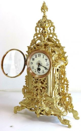 Antique Mantle Clock French Gilt Pierced Bronze Garniture Set 3