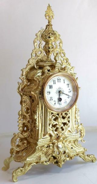 Antique Mantle Clock French Gilt Pierced Bronze Garniture Set 4