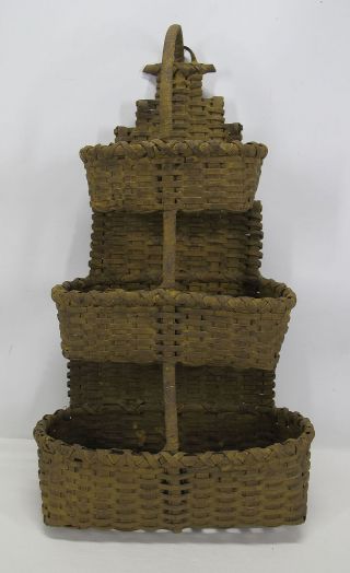 Antique Triple Tiered Splint Woven Wall Basket Mustard Yellow Paint Yqz