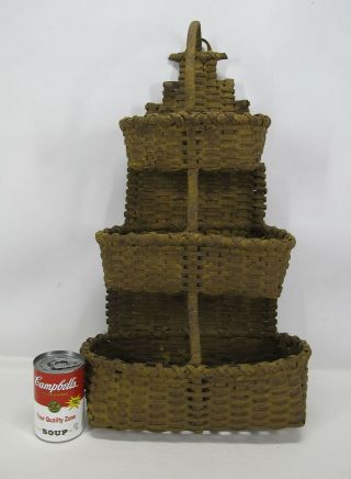 Antique Triple Tiered Splint Woven Wall Basket Mustard Yellow Paint yqz 3
