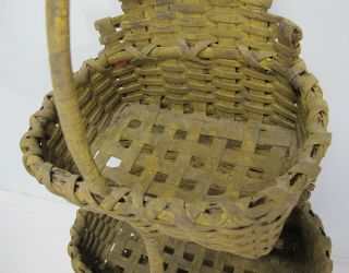 Antique Triple Tiered Splint Woven Wall Basket Mustard Yellow Paint yqz 5