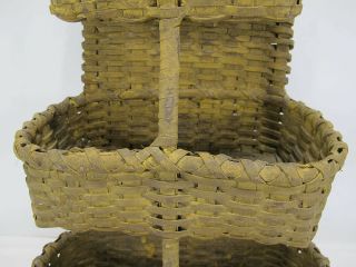 Antique Triple Tiered Splint Woven Wall Basket Mustard Yellow Paint yqz 6