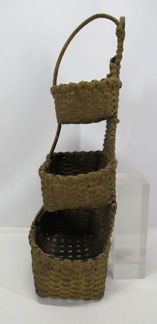 Antique Triple Tiered Splint Woven Wall Basket Mustard Yellow Paint yqz 7