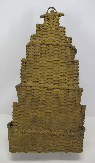 Antique Triple Tiered Splint Woven Wall Basket Mustard Yellow Paint yqz 8