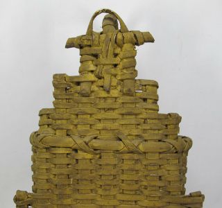 Antique Triple Tiered Splint Woven Wall Basket Mustard Yellow Paint yqz 9