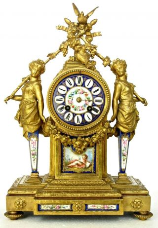 Rare Antique P.  H.  Mourey French Ormolu Mantel Clock,  Caryatids,  Porcelain Plaques