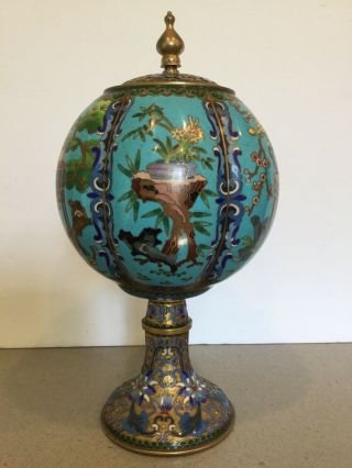 Antique Vtg Chinese Cloisonné Enameled Lidded Pedestal Bowl W Potted Plants 10 "