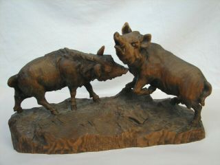Vintage German Black Forest Wood Carving Wild Boars Fighting Statue