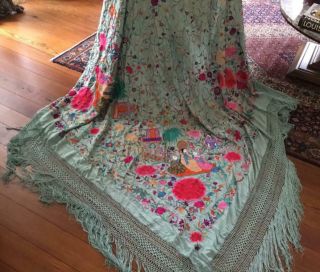 Exquisite Antique Conton Chinese Embroidery Silk Shawl Flowers People Pagoda