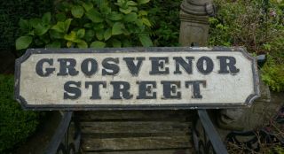 Large Reclaimed Cast Iron Victorian Antique Street Sign Grosvenor Street Rare