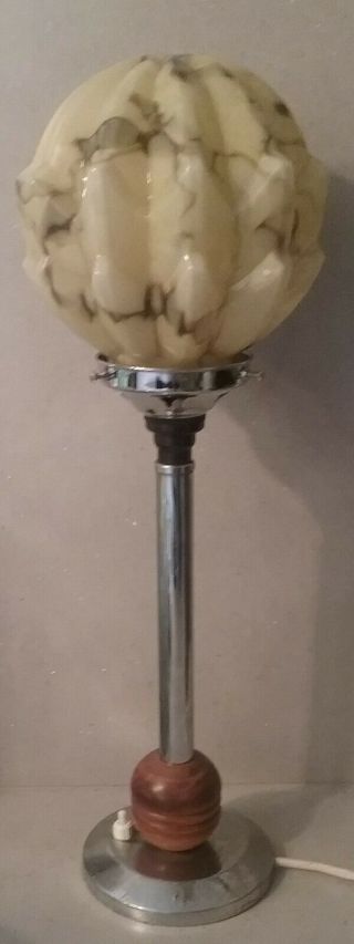 Art Deco Era Chrome Table Lamp And Marble Effect Glass Shade