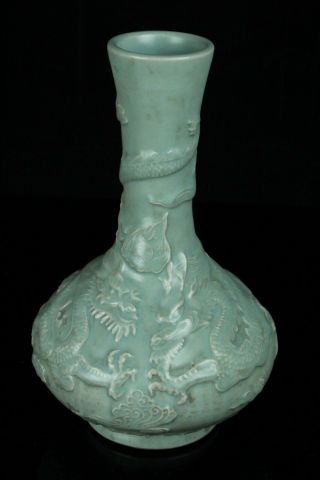 APR246 CHINESE LONGQUAN CELADON PORCELAIN DRAGON RELIEF BOTTLE VASE 3