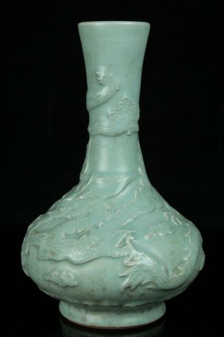 APR246 CHINESE LONGQUAN CELADON PORCELAIN DRAGON RELIEF BOTTLE VASE 4