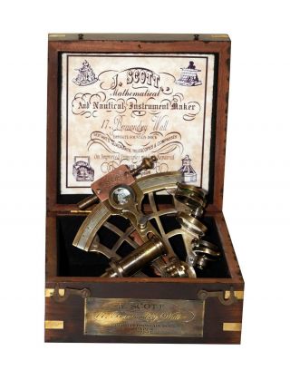 Vintage Antique Brass J.  Scott London Nautical Sextant With Wooden Box Gift Item