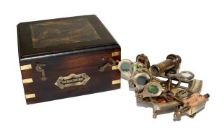 Antique Brass Nautical Sextant J.  Scott London With Handmade Wooden Box Gift 5
