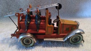 4 1/2 Inch Antique Penny Toy George Fischer Tin Litho Wind - Up Fire Truck Germany
