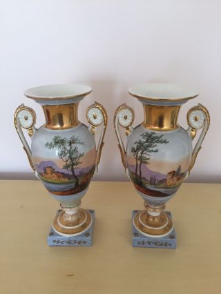 Antique Old Paris Porcelain,  Hand Painted,  Empire Style Gilt Urns C1840 - 50 Pair