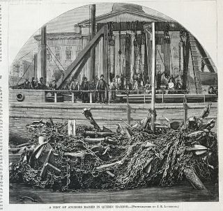 Tangle Of Anchors Raised From Quebec Harbor.  Harper’s 1878.