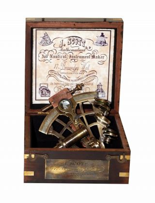 Antique Nautical Solid Brass J Scott London 4 " Sextant With Wooden Box Gift Item